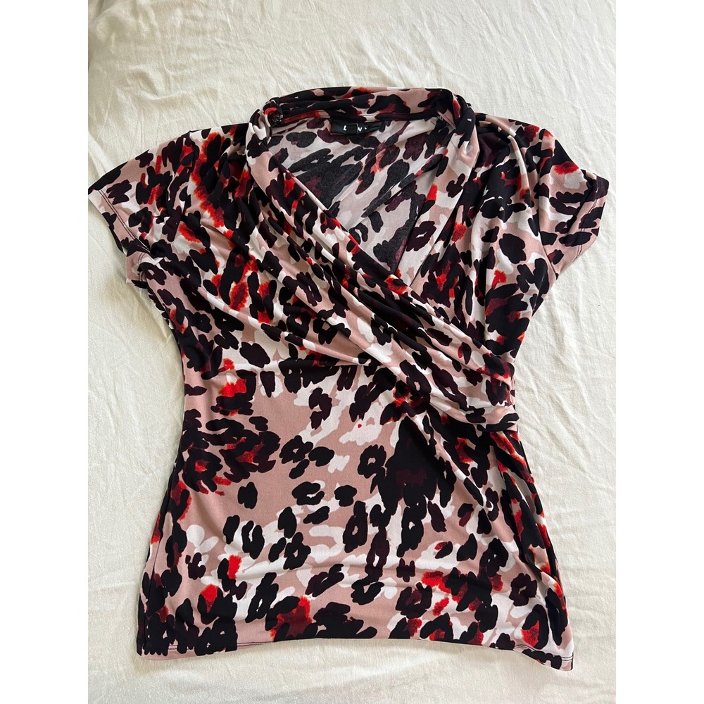 DKNY Leopard Animal Print Ruched Wrap Top Women's Medium Y2K Stretch Blouse